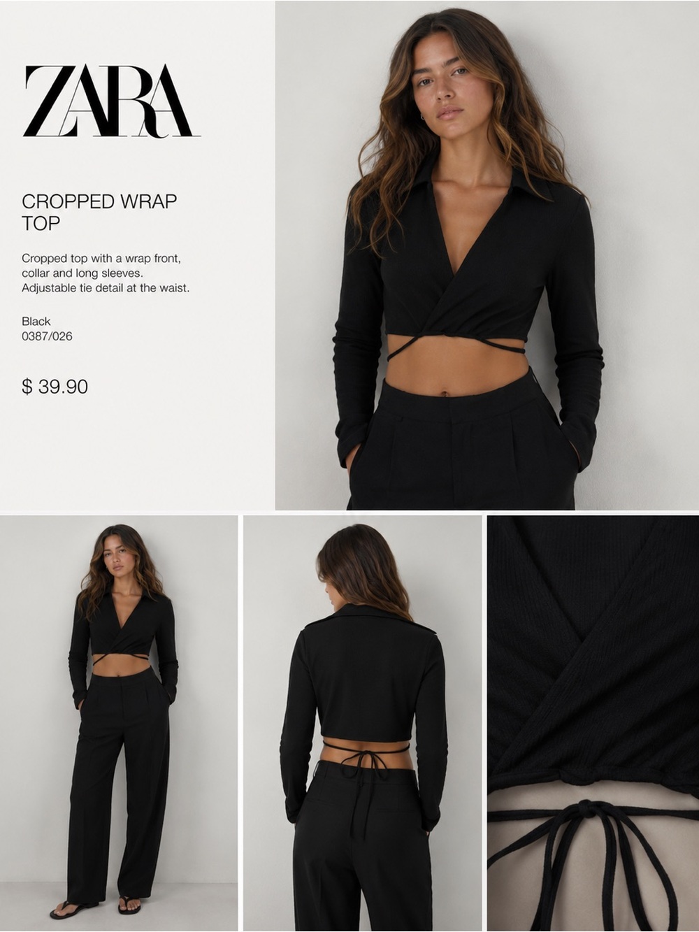 Zara Black Cropped Wrap Long-Sleeve Top